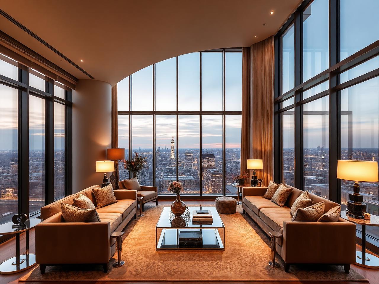 Modern London apartment living room with skyline views at dusk